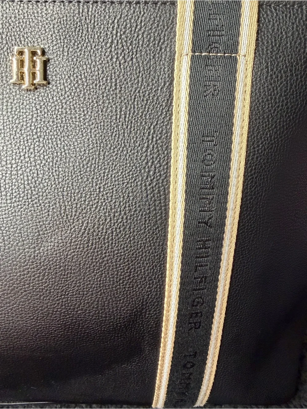 Tommy Hilfiger Black Pebbled Tote with Cream and Black Striped Webbing Straps